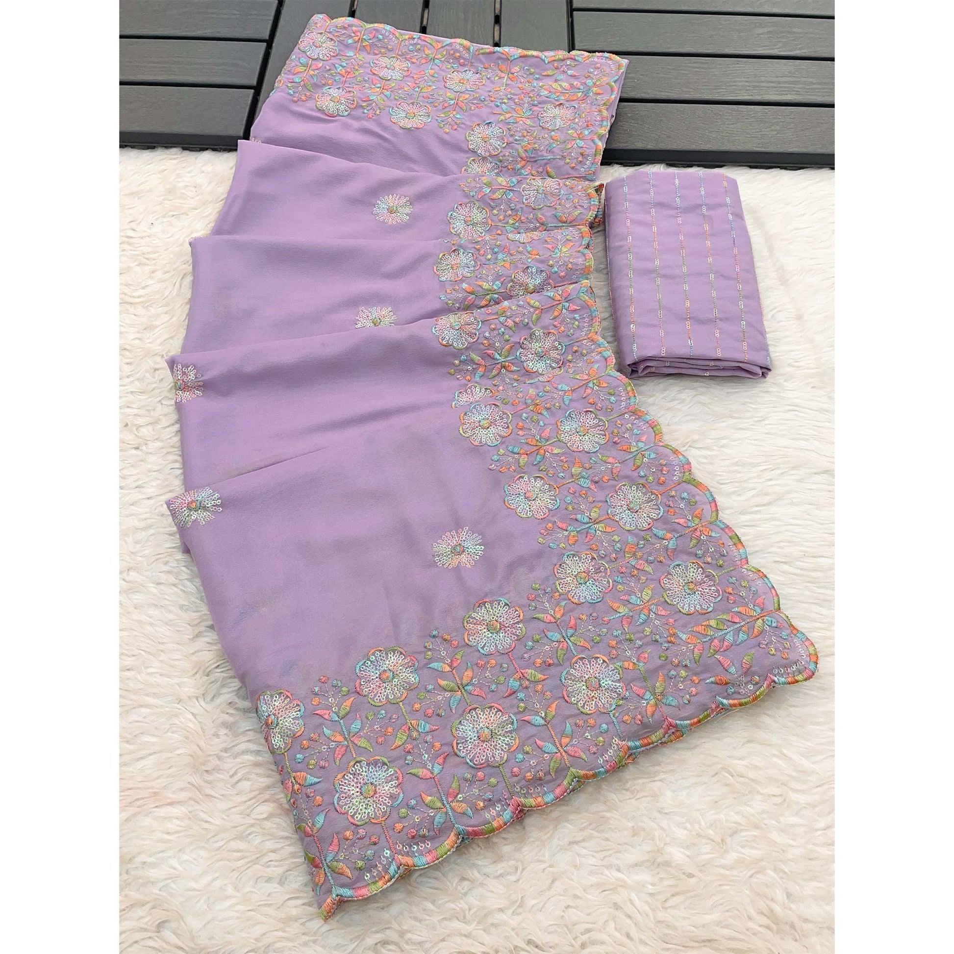 Light Purple Floral Sequins Embroidered Crepe Silk Saree