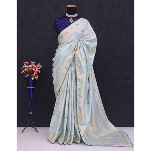 Light Sky Blue Floral Zari Work Woven Dola Silk Saree