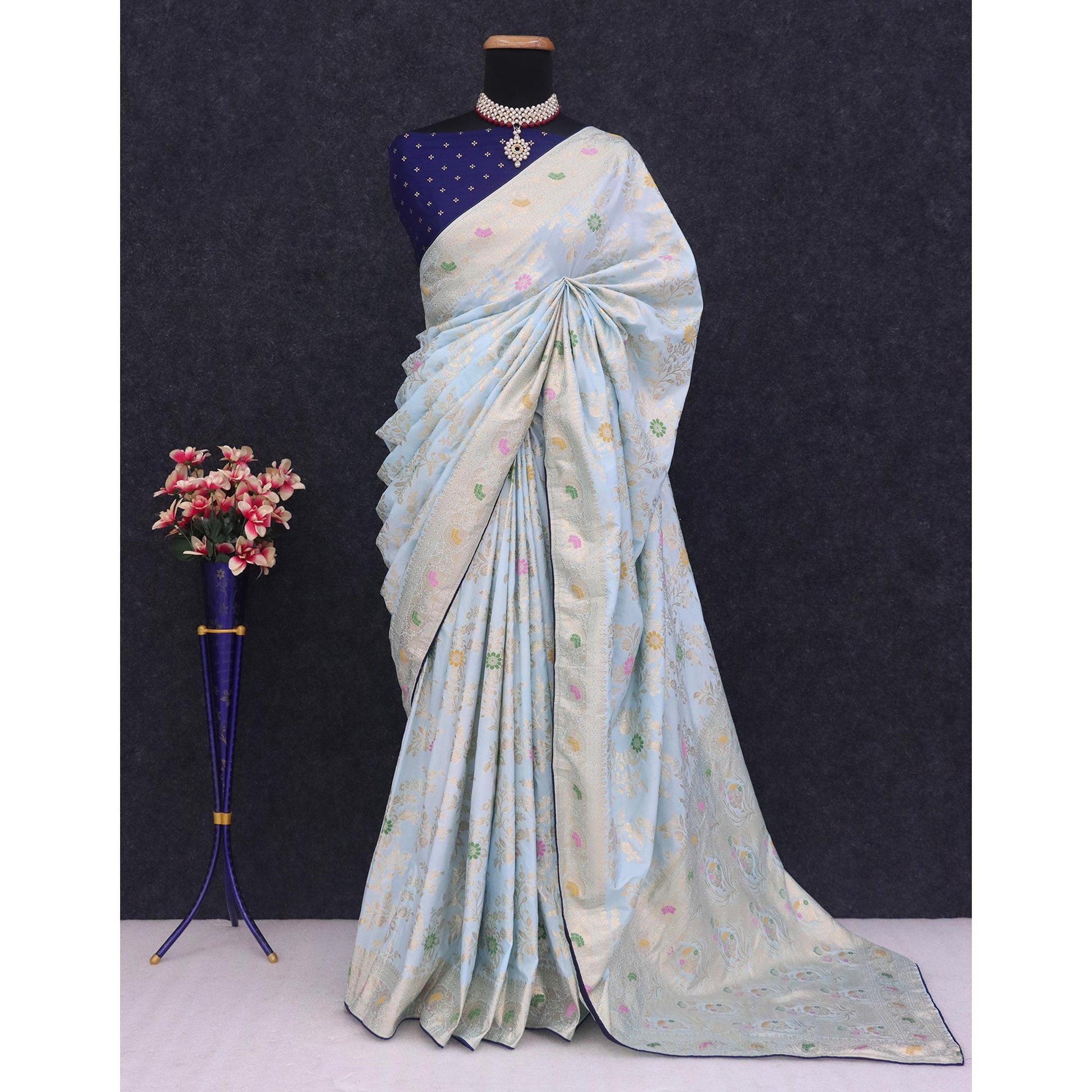 Light Sky Blue Floral Zari Work Woven Dola Silk Saree