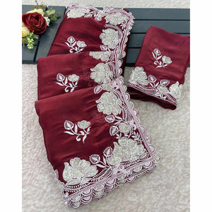 Maroon Floral Embroidered Satin Saree