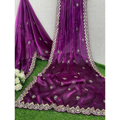 Magenta Sequins Embroidered Satin Saree