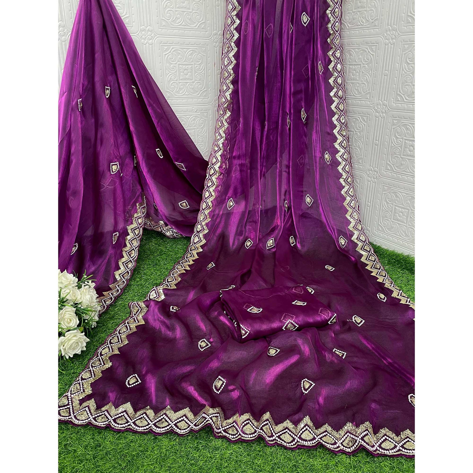 Magenta Sequins Embroidered Satin Saree
