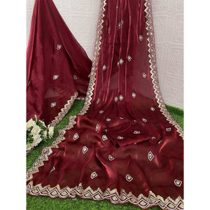 Maroon Sequins Embroidered Satin Saree