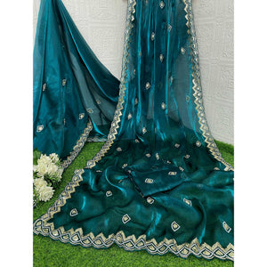 Morpich Blue Sequins Embroidered Satin Saree