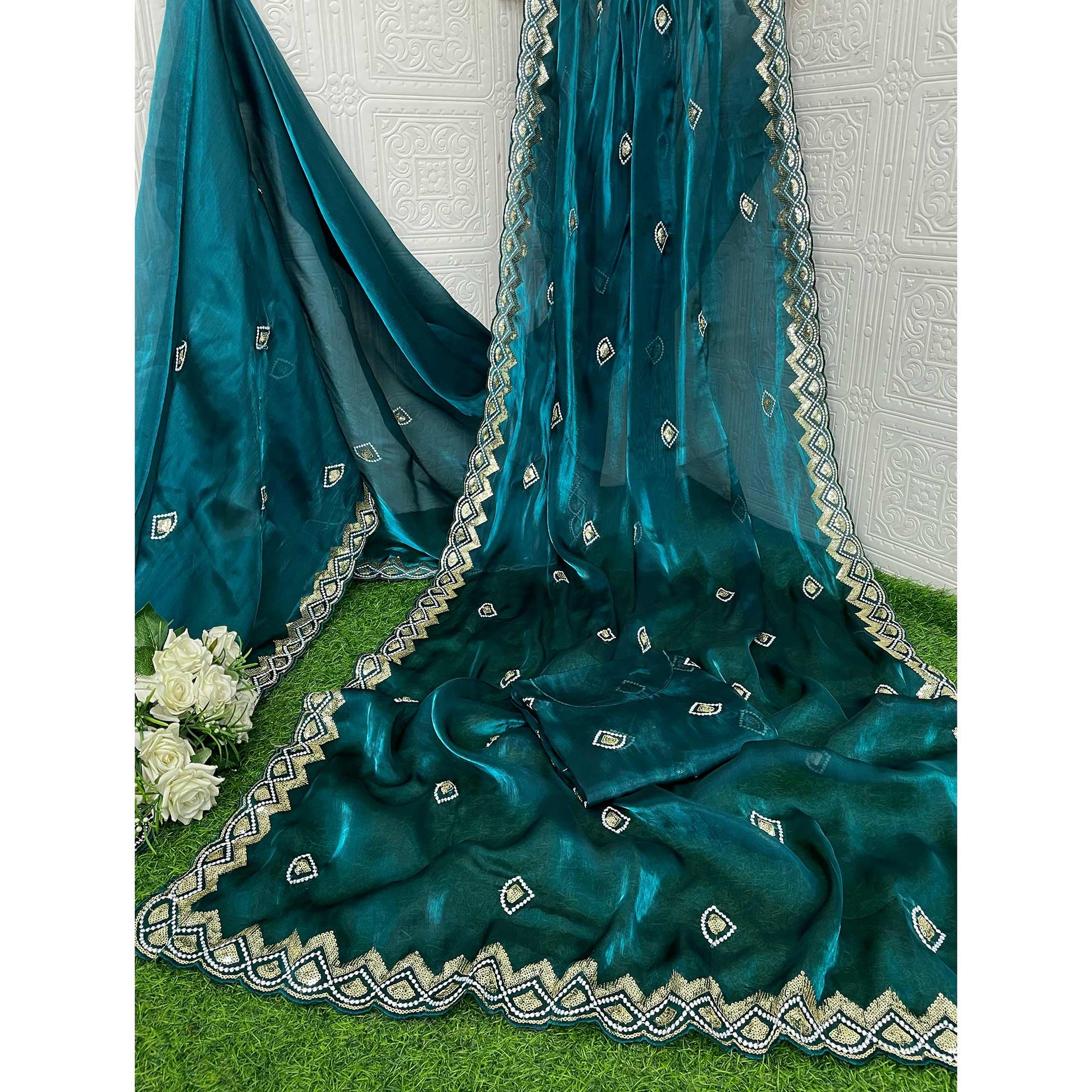 Morpich Blue Sequins Embroidered Satin Saree