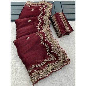 Maroon Embroidered Chiffon Saree