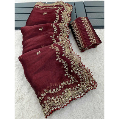 Maroon Embroidered Chiffon Saree