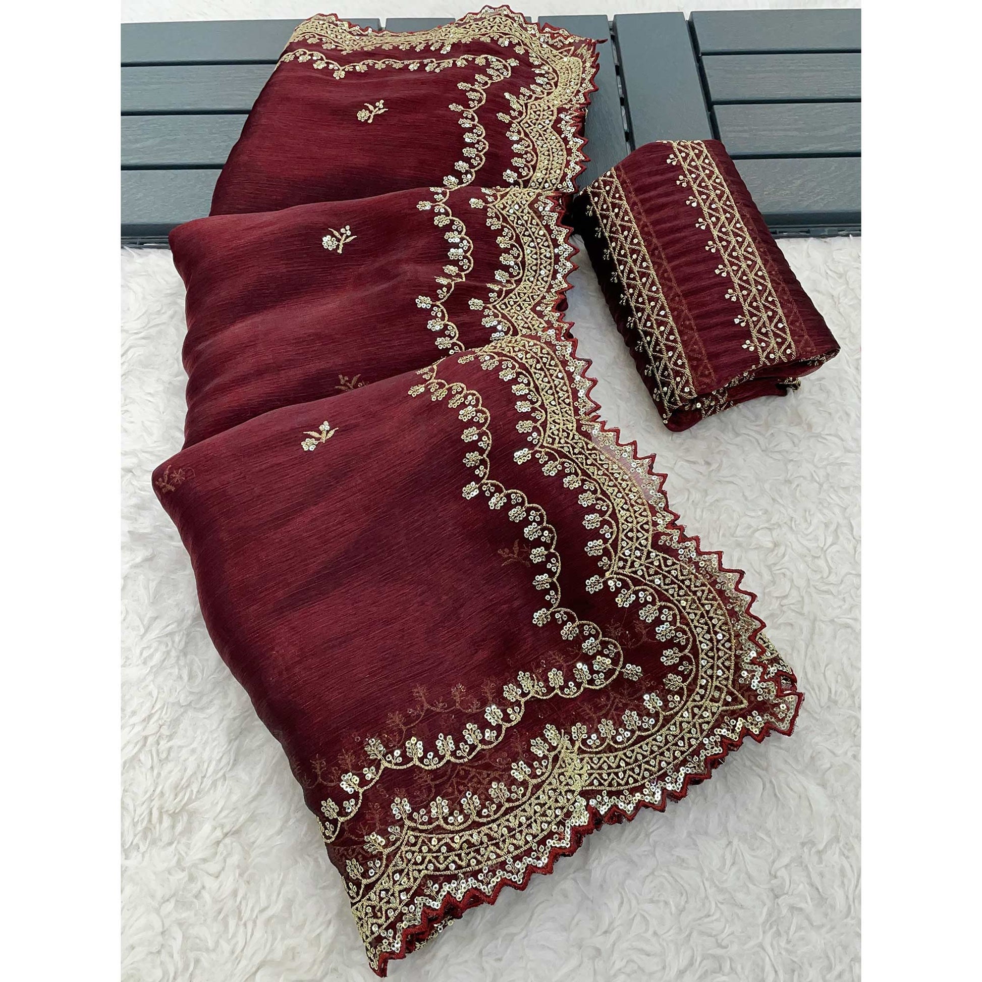Maroon Embroidered Chiffon Saree