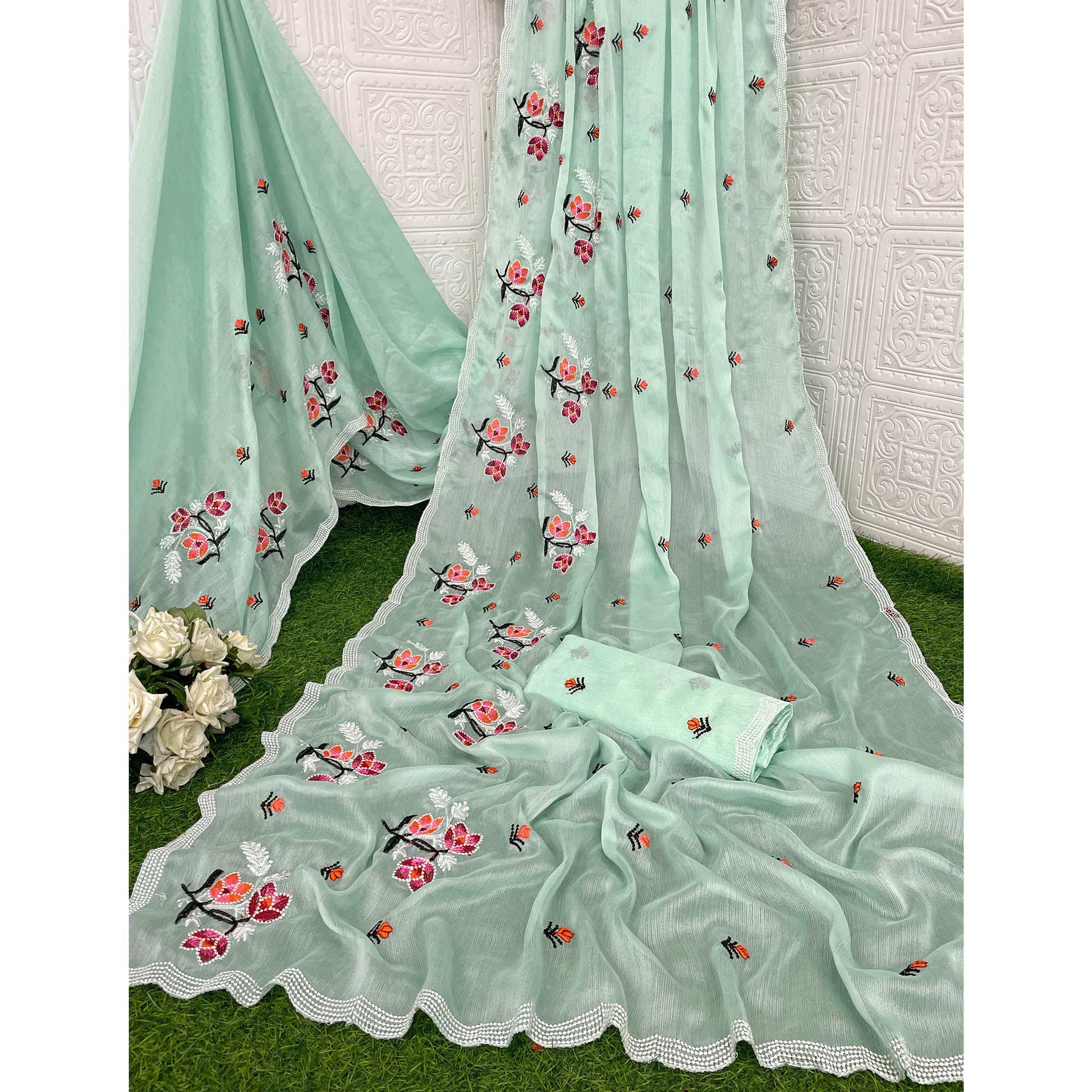 Mint Green Floral Embroidered Chiffon Saree