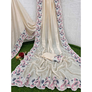 Cream Floral Embroidered Vichitra Silk Saree