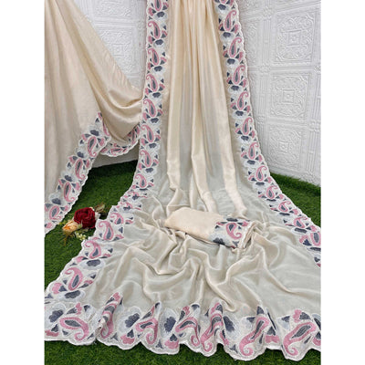 Cream Floral Embroidered Vichitra Silk Saree