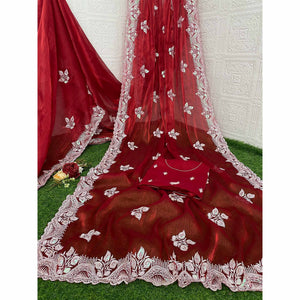 Maroon Sequins Embroidered Chiffon Saree