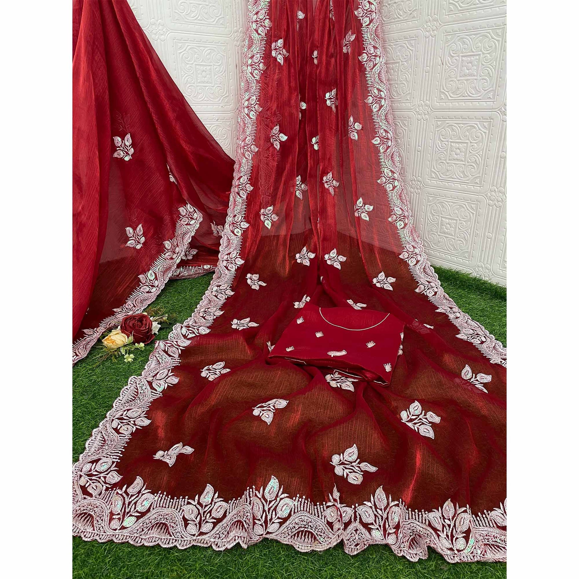 Maroon Sequins Embroidered Chiffon Saree