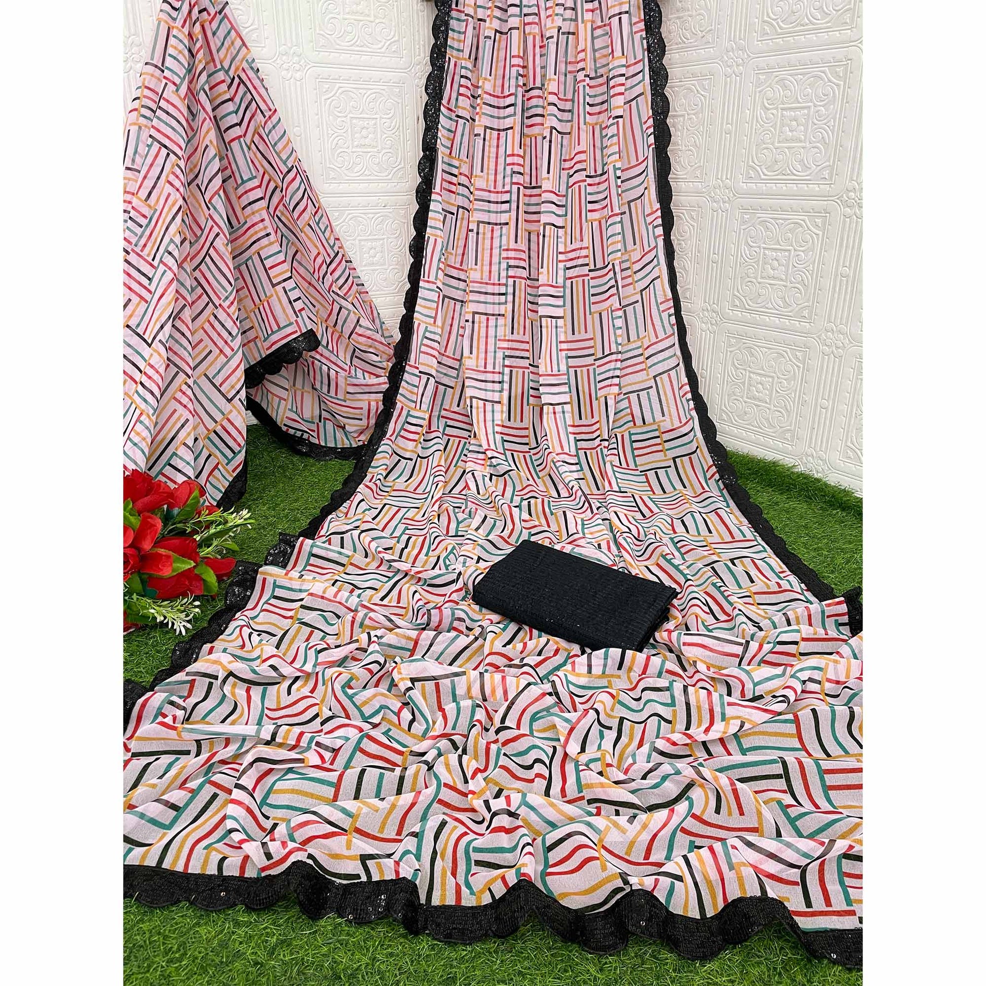 White Printed Georgette Saree With Sequins Border