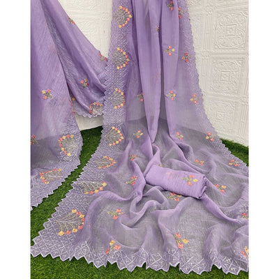 Lavender Floral Sequins Embroidered Art Silk Crush Saree