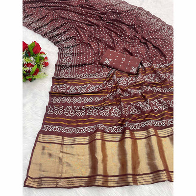Brown Bandhani Zari Woven Dola Silk Saree