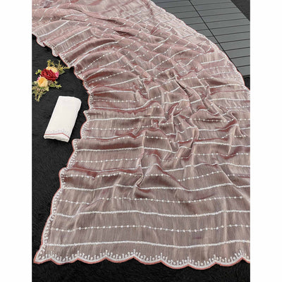 Brown Sequins Work Embroidered Chiffon Saree