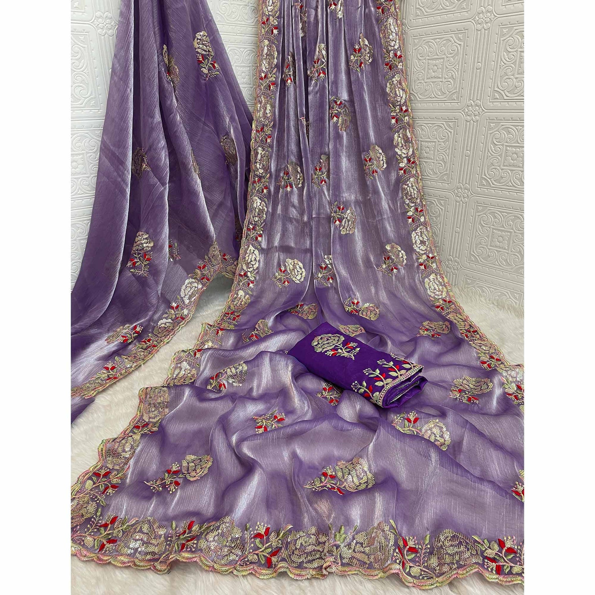 Lavender Sequins Work Embroidered Chiffon Saree
