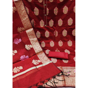 Maroon Floral Woven Banarasi Silk Dress Material