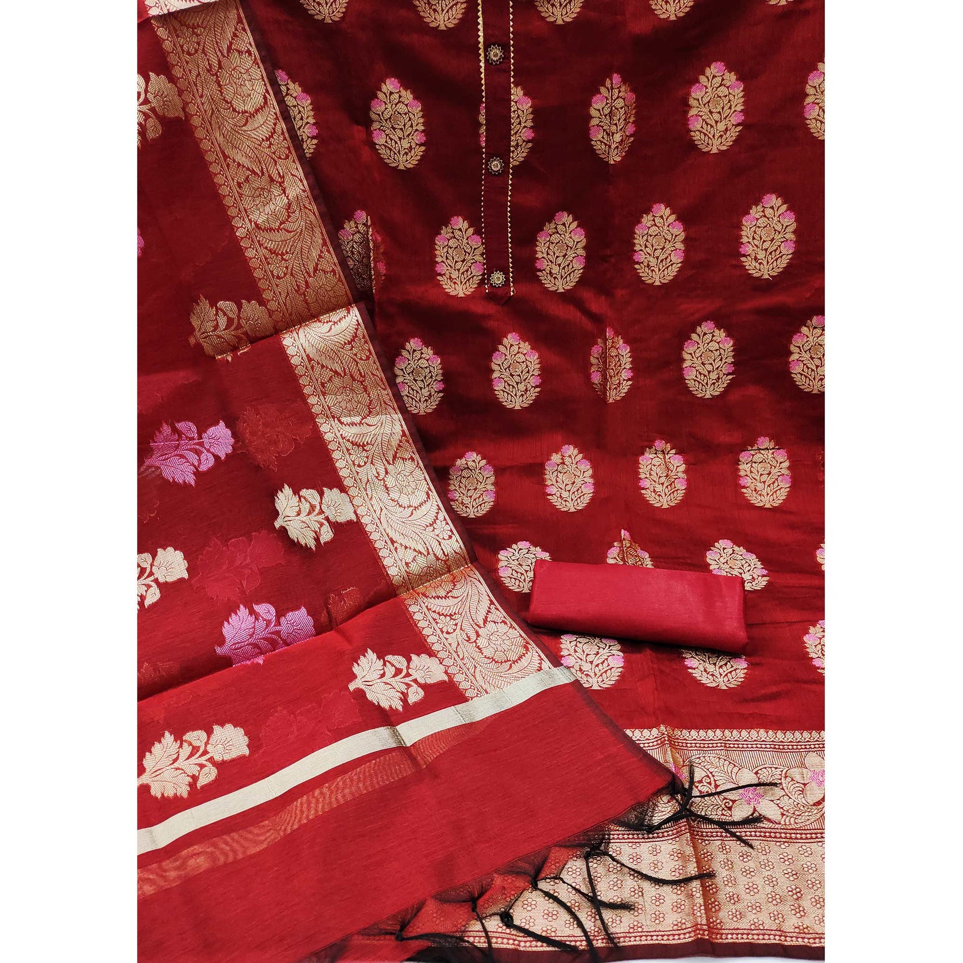 Maroon Floral Woven Banarasi Silk Dress Material