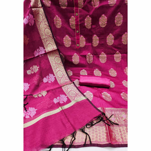 Magenta Pink Floral Woven Banarasi Silk Dress Material