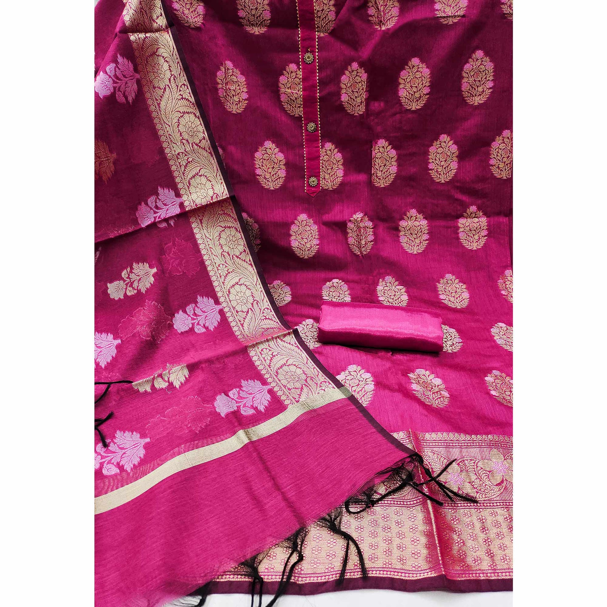 Magenta Pink Floral Woven Banarasi Silk Dress Material
