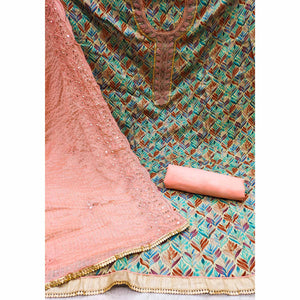 Chikoo & Peach Printed With Handwork Pure Cotton Dress Material