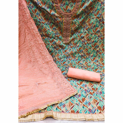 Chikoo & Peach Printed With Handwork Pure Cotton Dress Material
