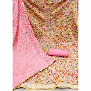 Chikoo & Pink Printed With Handwork Pure Cotton Dress Material