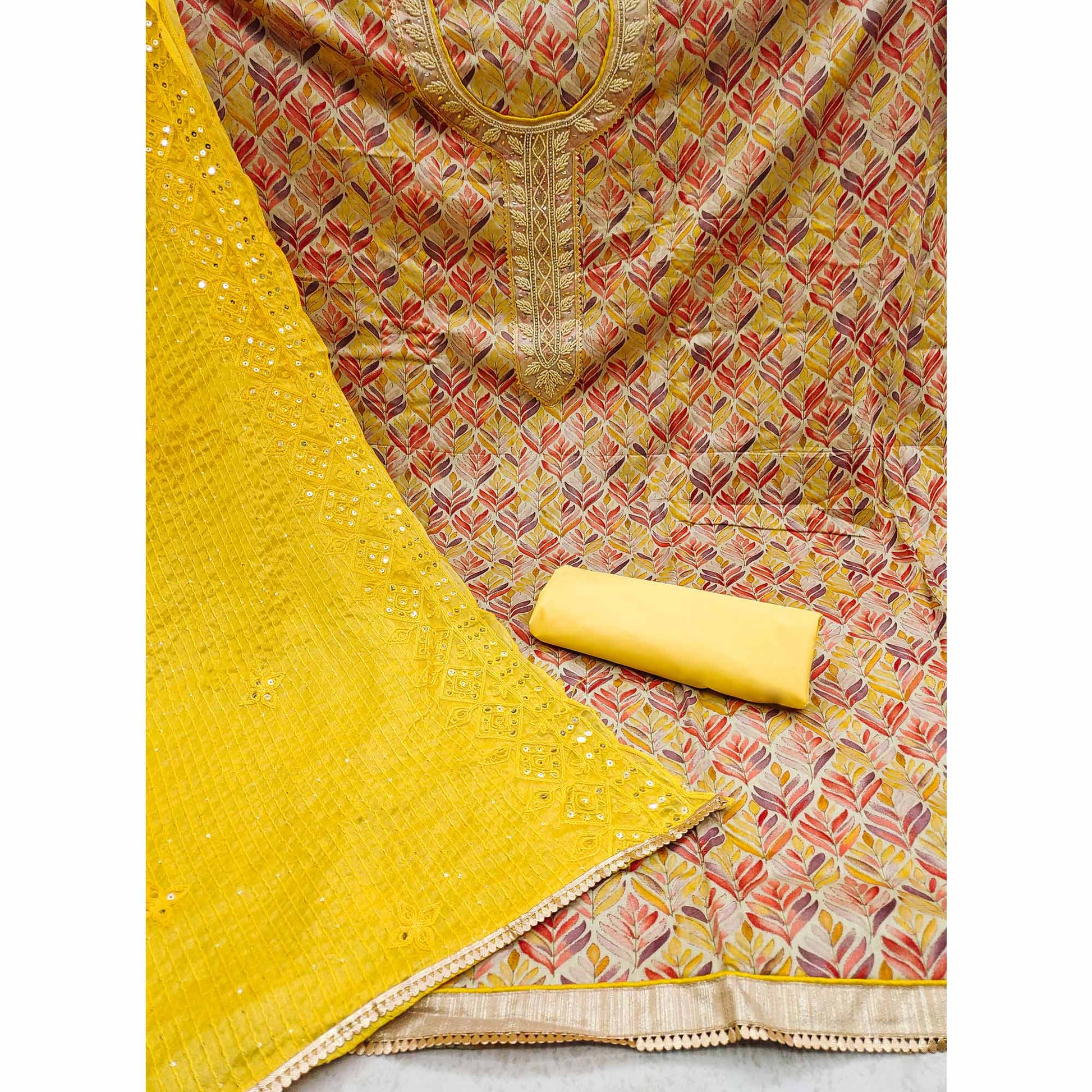 Chikoo & Yellow Printed With Handwork Pure Cotton Dress Material