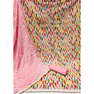 Chikoo Printed With Handwork Pure Cotton Dress Material