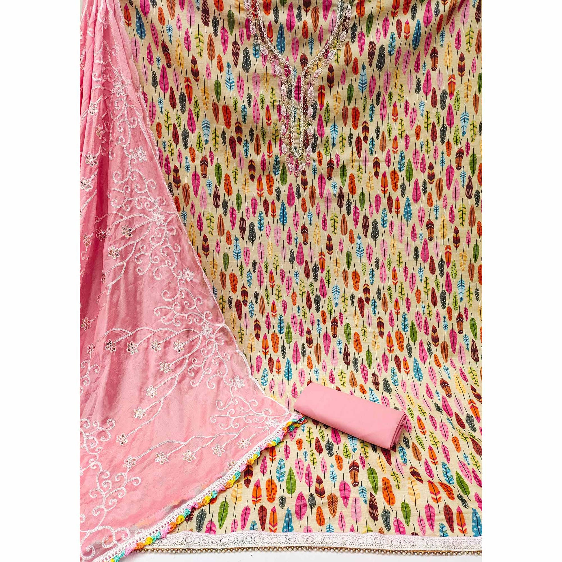 Chikoo Printed With Handwork Pure Cotton Dress Material