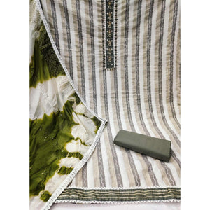 Cream & Green Embroidered With Handwork Pure Cotton Dress Material