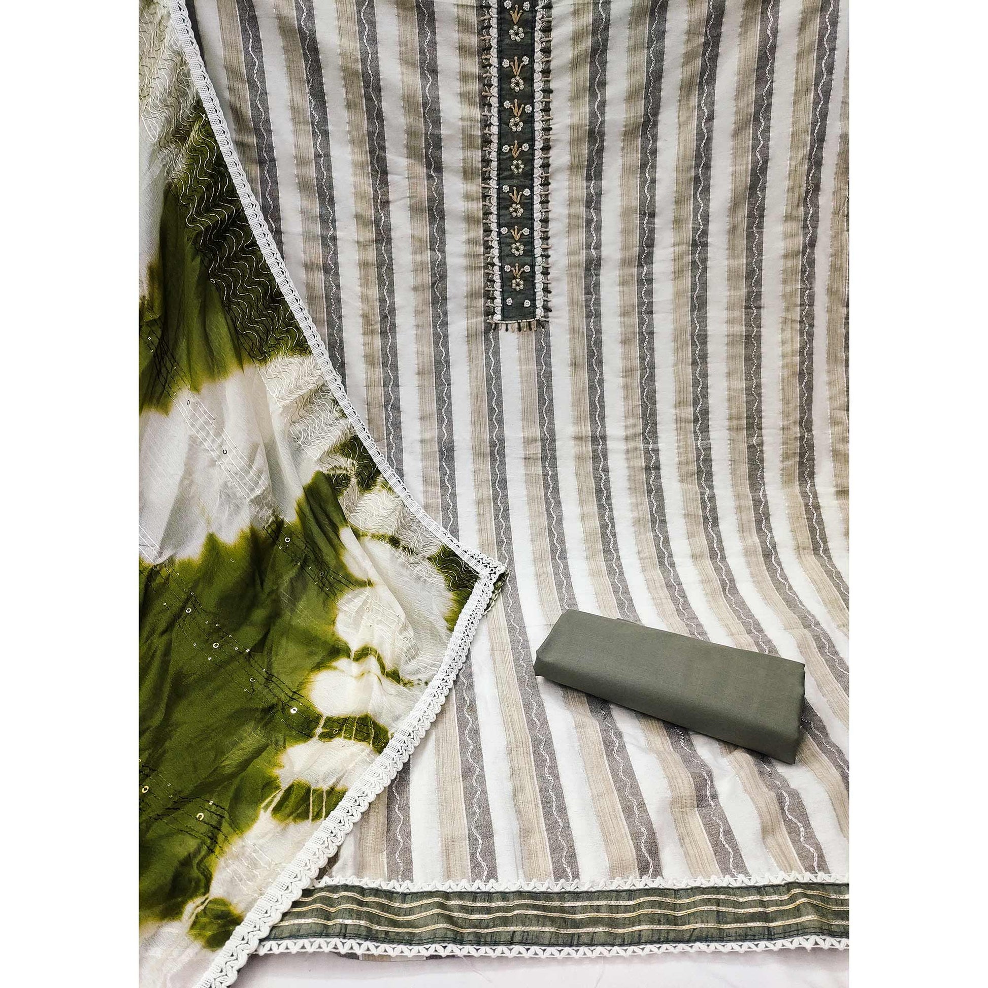 Cream & Green Embroidered With Handwork Pure Cotton Dress Material