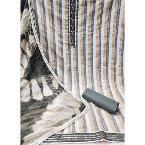 Cream & Grey Embroidered With Handwork Pure Cotton Dress Material