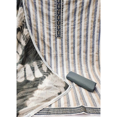 Cream & Grey Embroidered With Handwork Pure Cotton Dress Material