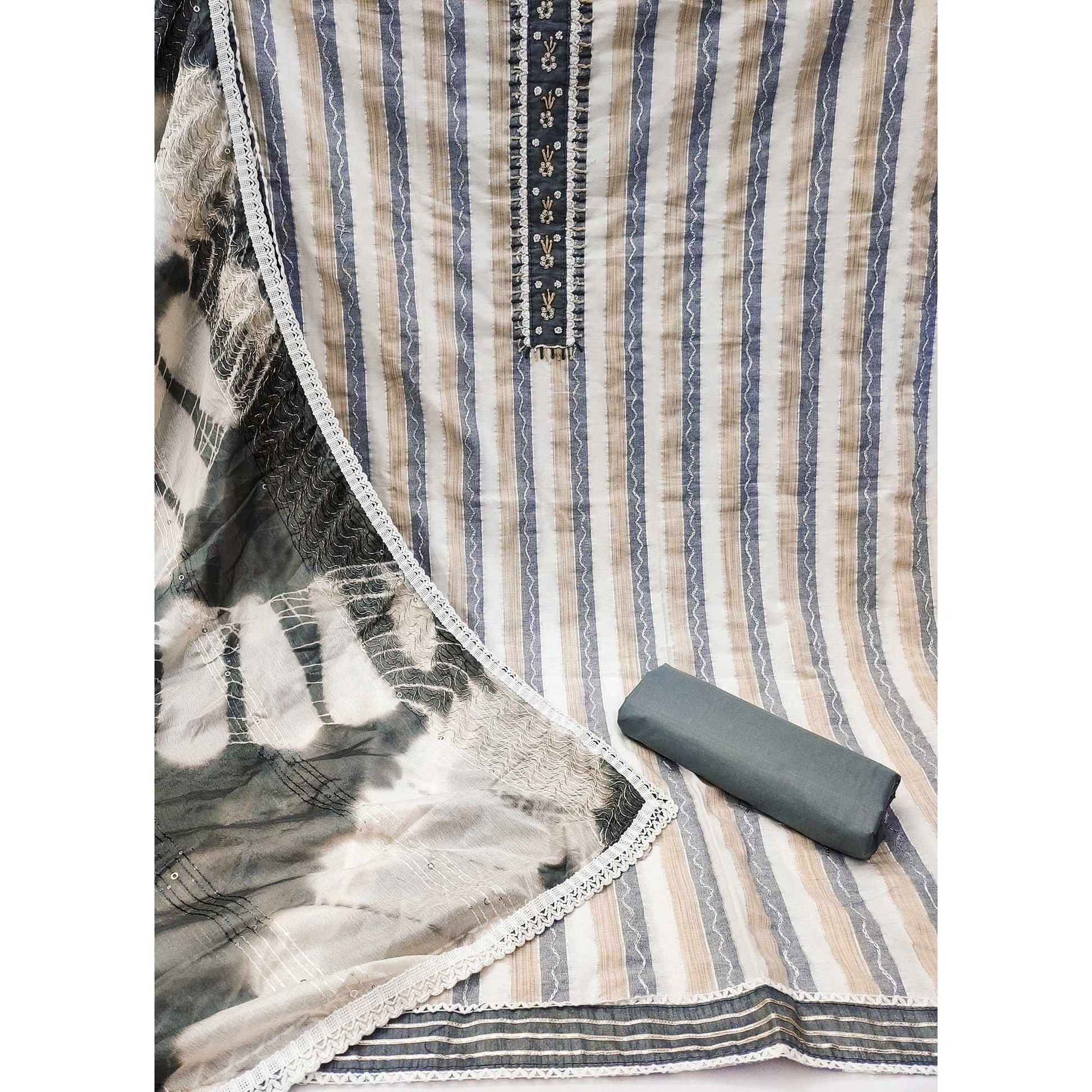 Cream & Grey Embroidered With Handwork Pure Cotton Dress Material
