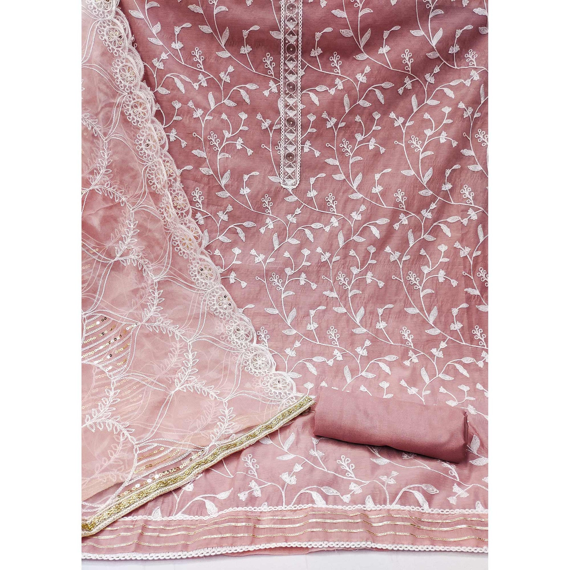 Dusty Pink Floral Embroidered Modal Dress Material