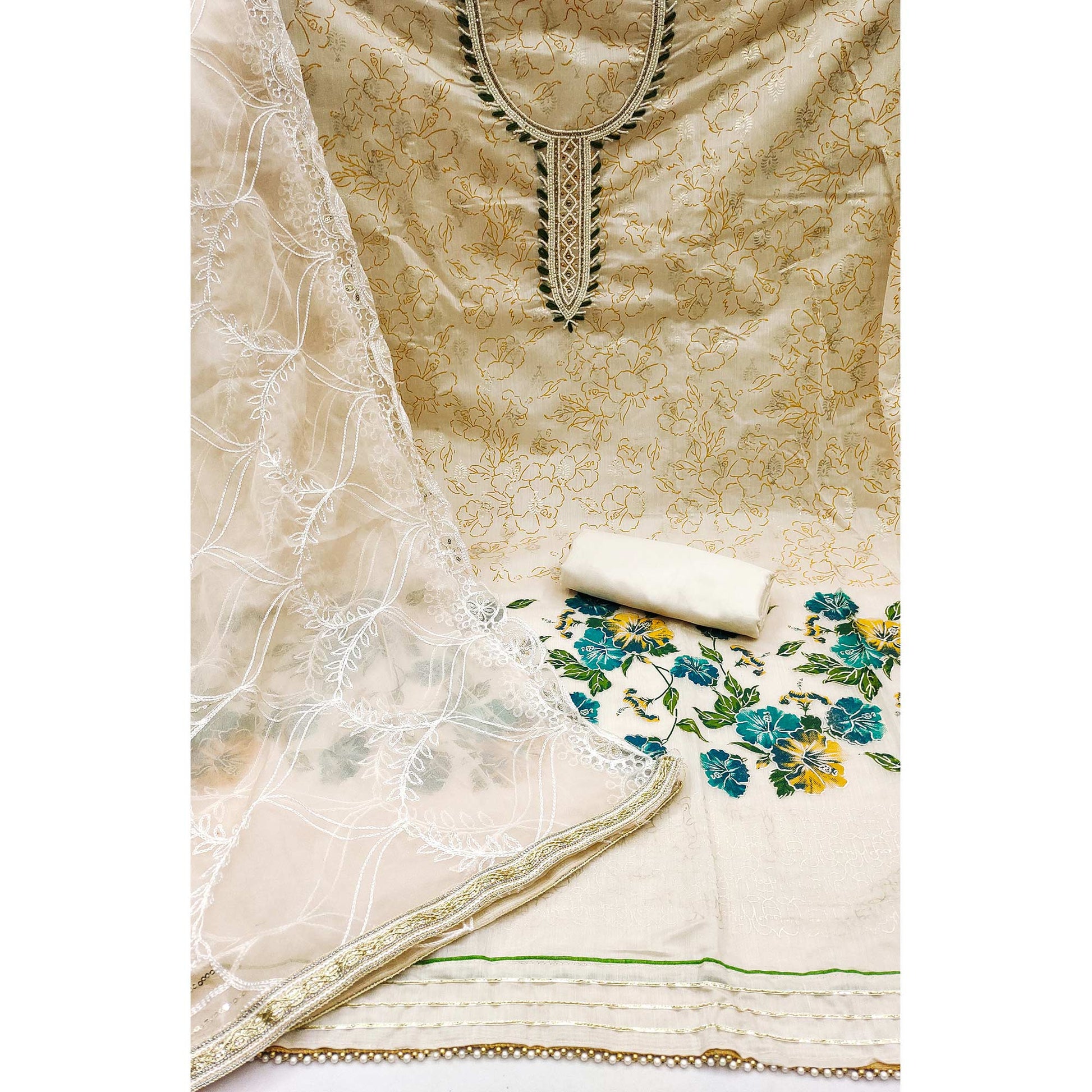 Cream Floral Printed Modal Dress Material