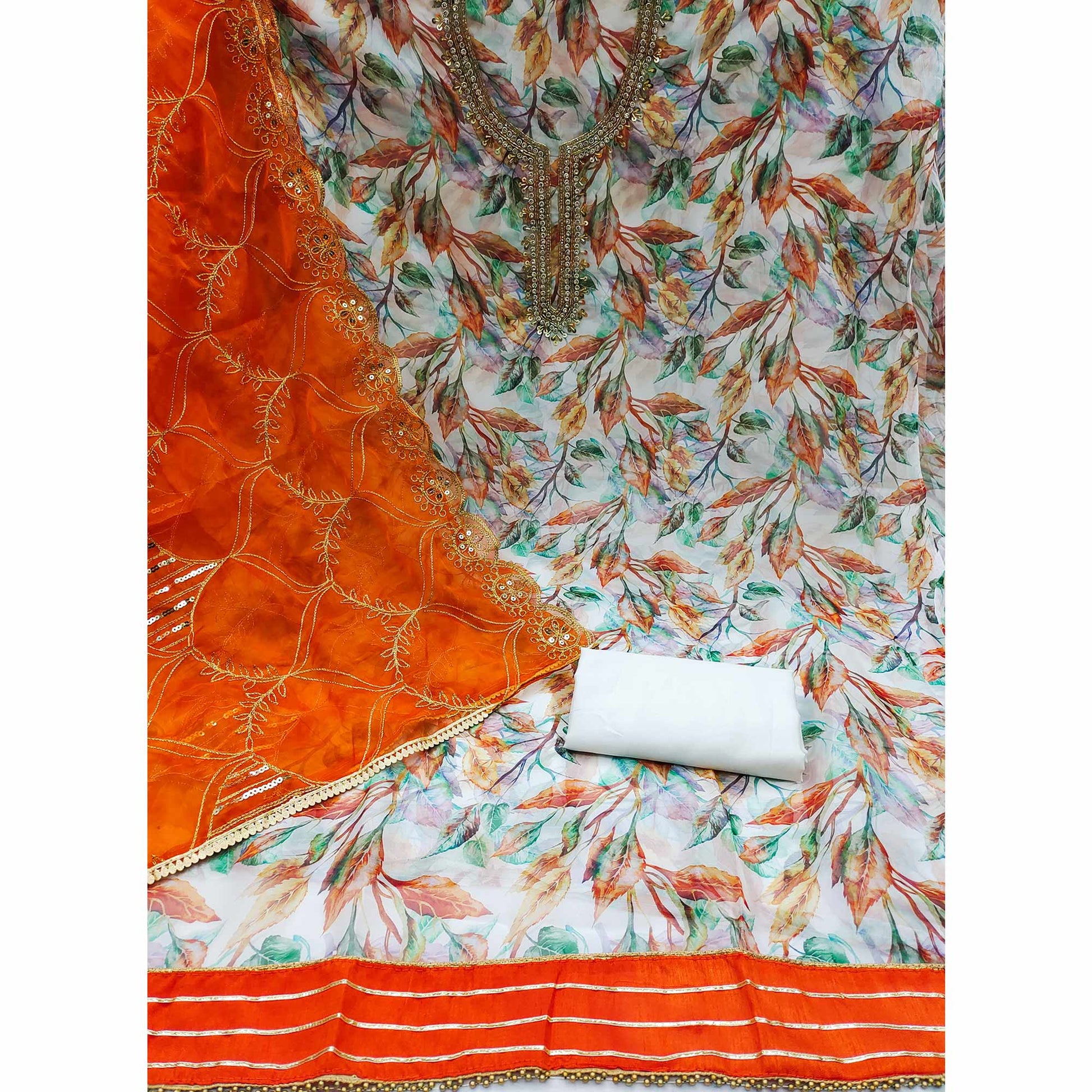 Cream & Orange Digital Printed Organza Dress Material