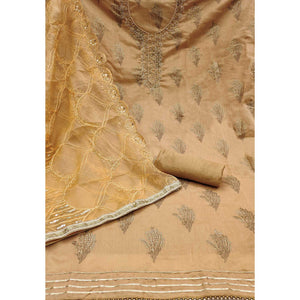 Dark Beige Printed With Handwork Modal Dress Material