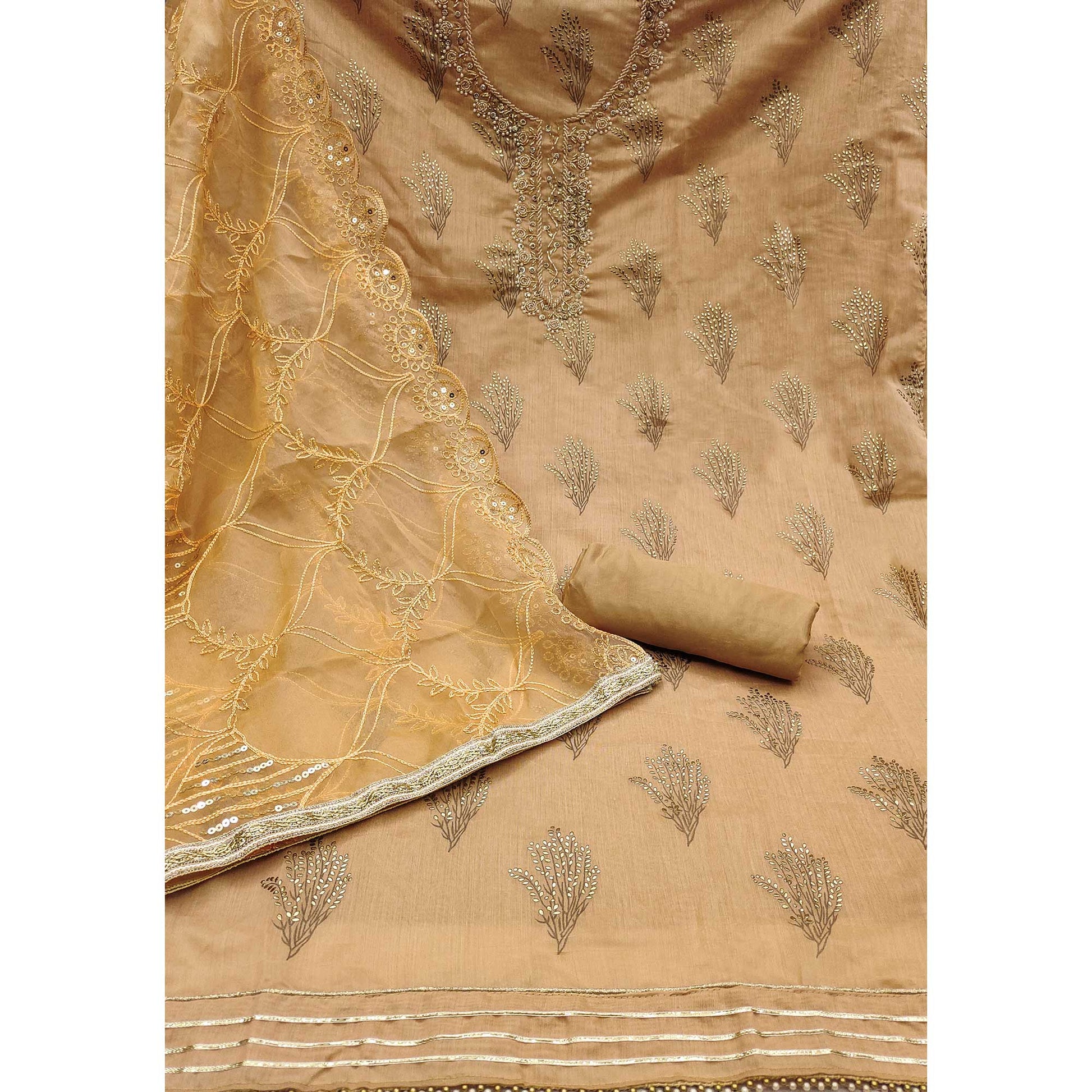 Dark Beige Printed With Handwork Modal Dress Material