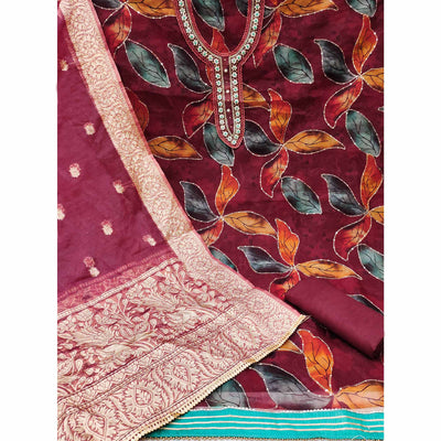 Maroon Digital Printed With Handwork Organza Dress Material