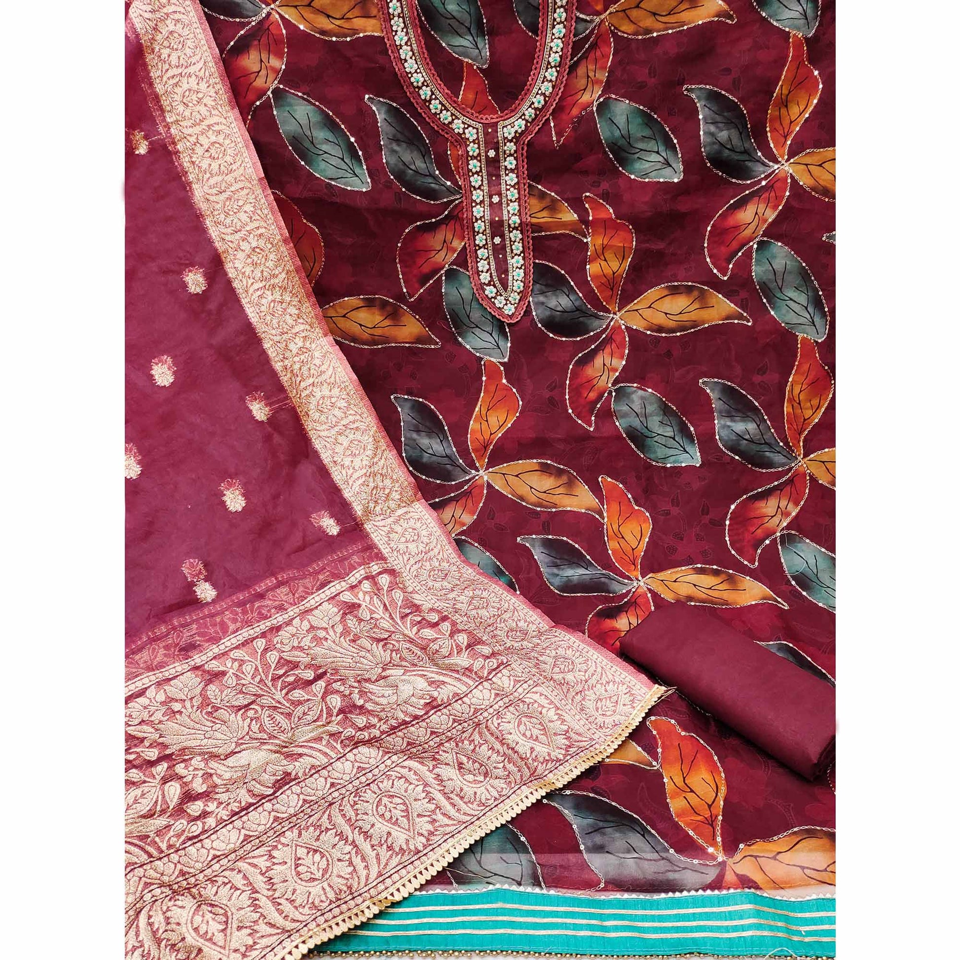 Maroon Digital Printed With Handwork Organza Dress Material