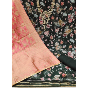 Dark Green Floral Printed Organza Dress Material
