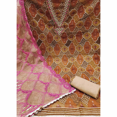 Brown Floral Printed Organza Dress Material