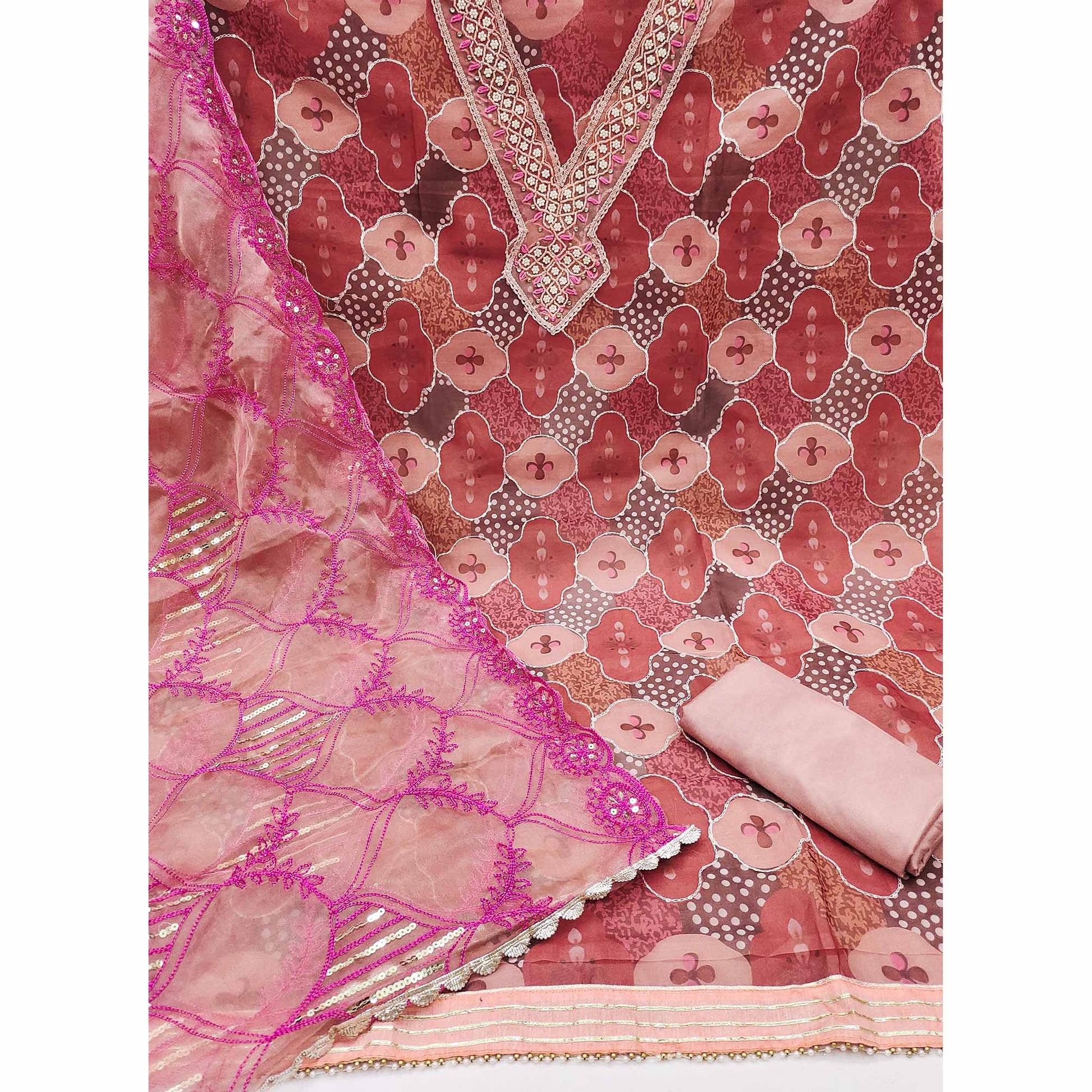 Mauve Floral Printed Organza Dress Material