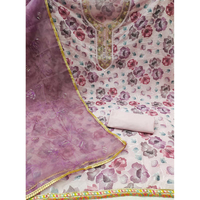 Mauve Floral Embroidered With Printed Organza Dress Material