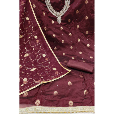 Maroon Floral Woven Organza Dress Material