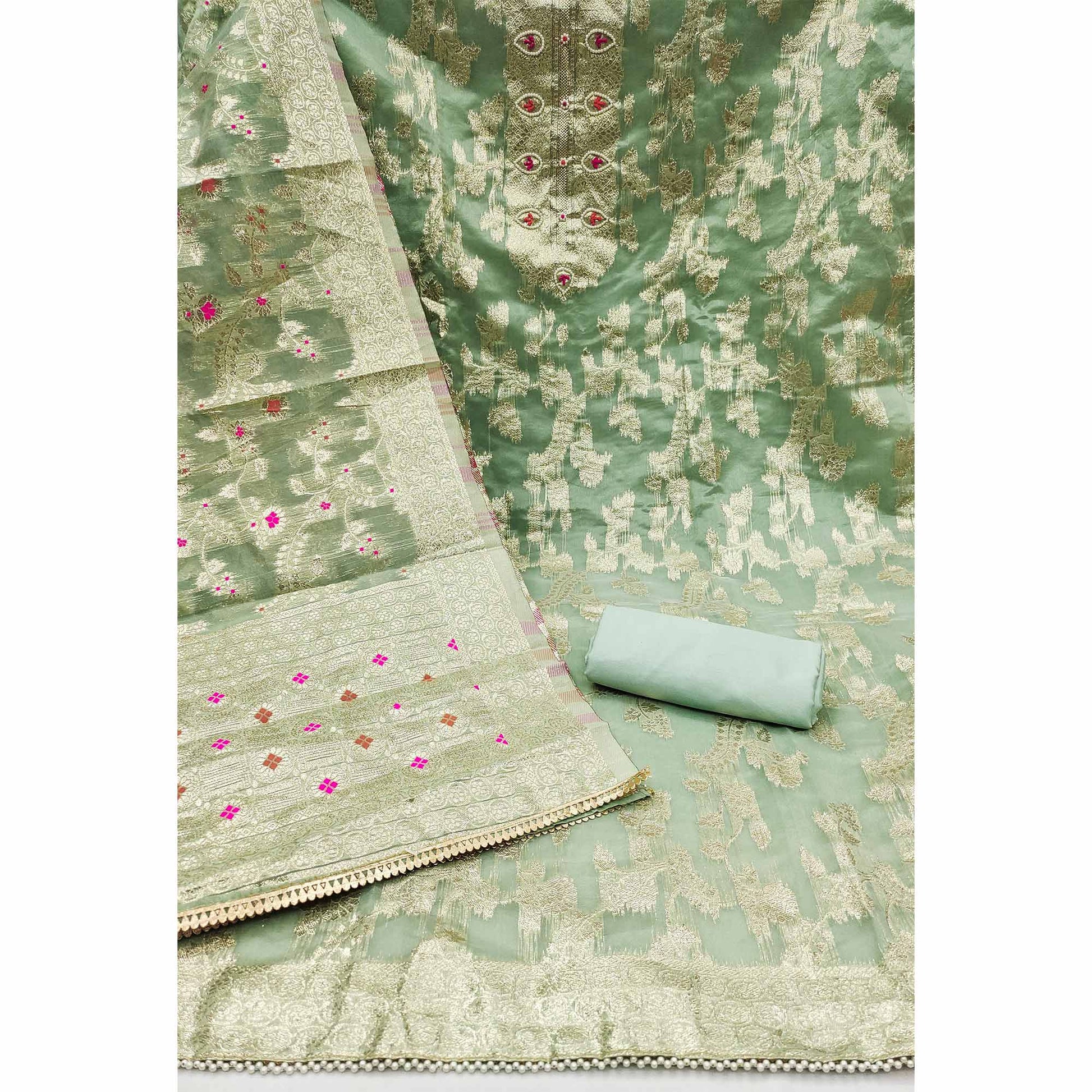 green-floral-woven-chanderi-silk-dress-material
